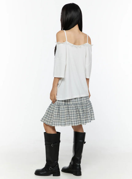 Plaid Tiered Midi Skirt CU529 Light blue back full-length model shot revealing tiered ruffle silhouette and elastic waistband styled with white top and boots