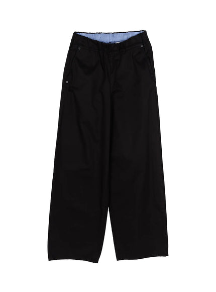Plaid Waistband Wide-Leg Trousers CL502 Black flat-lay front shot showing wide-leg silhouette striped inner waistband and silver eyelet hardware detail