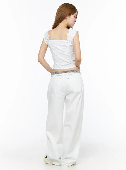 Plaid Waistband Wide-Leg Trousers CL502 White back full-length model shot showing ruched plaid waistband back pocket detail and wide-leg drape