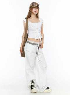 LEWKIN Plaid Waistband Wide-Leg Trousers CL502 White front model shot size S styled with lace-up crop top and cap casual streetwear full-length