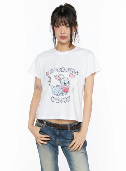 Playful Print Cropped T-Shirt CU530 in White, size S/M