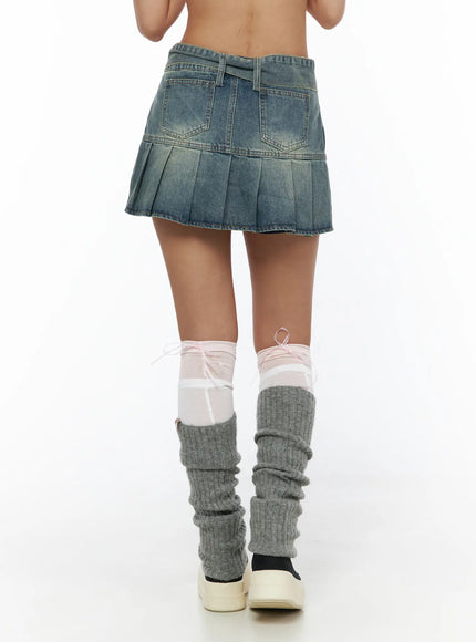 Pleated Denim Skirt CL503 Blue back shot on model showing dual back pockets and pleated washed denim hem with leg warmers
