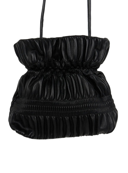 Pleated Mini Crossbody Bag CL507 Black close-up front detail showing ruched leather texture elastic shirring bands and structured bucket silhouette