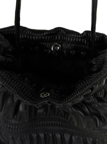 Pleated Mini Crossbody Bag CL507 Black interior close-up detail showing open top snap closure inner lining and brand label inside ruched leather bag
