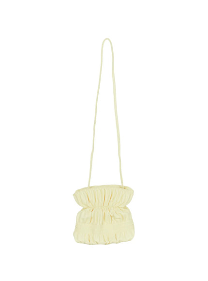 Pleated Mini Crossbody Bag CL507 Yellow flat front view on white background showing full long shoulder strap and hourglass ruched silhouette