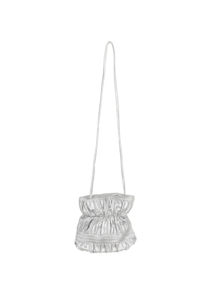 Pleated Mini Crossbody Bag CL507 Silver flat front view on white background featuring metallic fabric ruched hourglass body and thin cord strap
