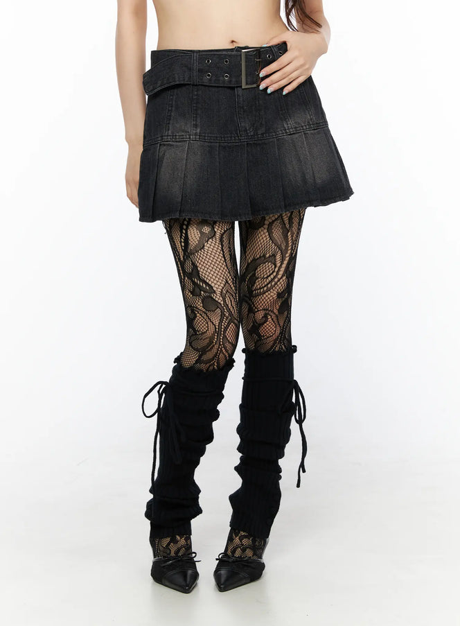 LEWKIN Pleated Mini Skirt And Belt Set CL522 Black front close-up on model waist with metal buckle belt, washed denim pleated hem, lace tights, M
