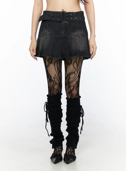 Pleated Mini Skirt And Belt Set CL522 Black front view on model showing full-length styling with belted waist, pleated denim hem, lace tights, leg warmers