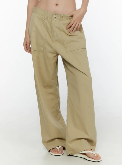 LEWKIN Pocket Detail Wide Leg Pants CL521 Beige size S front three-quarter shot on model wearing flip-flops, hand on hip, wide-leg cotton twill silhouette