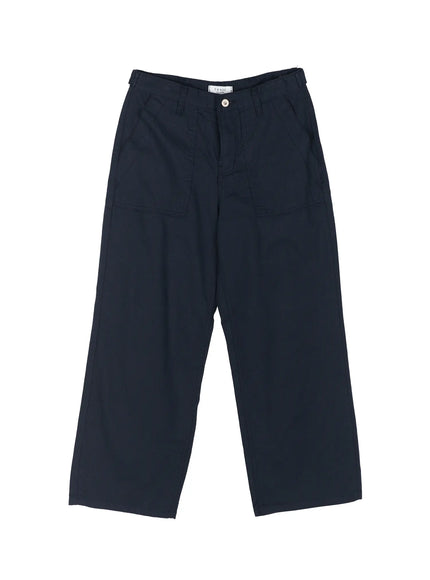 Pocket Detail Wide Leg Pants CL521 Navy flat-lay front view showing wide-leg cut, large patch pockets, single button closure, and cotton twill texture