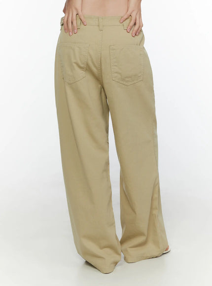 Pocket Detail Wide Leg Pants CL521 Beige back three-quarter shot on model showing dual rear patch pockets and wide-leg silhouette, white flip-flops