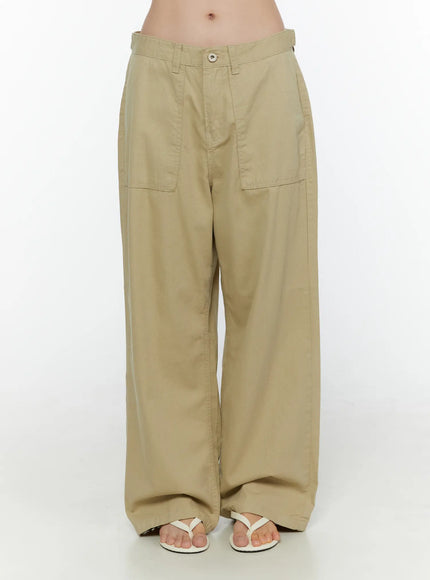 Pocket Detail Wide Leg Pants CL521 Beige front shot on model showing wide-leg silhouette, front patch pockets, button waist, and white flip-flops