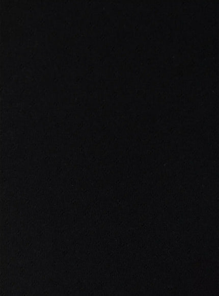 Pointelle Slim Henley V-Neck Tee IU524 black close-up fabric detail shot showing solid plain knit jersey texture in black color