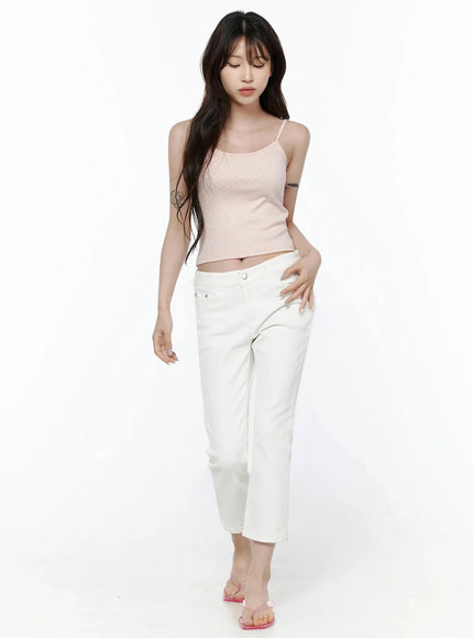 Polka Dot Cami Tank Top IL506 Pink full-body front shot on model walking pose, eyes downcast, paired with white cropped jeans and pink clear sandals