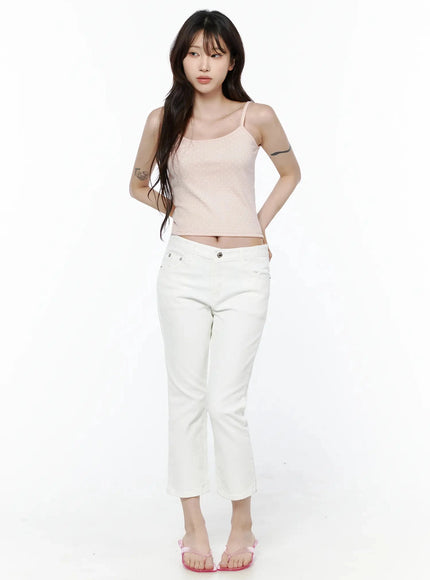 Polka Dot Cami Tank Top IL506 Pink full-body front shot on model standing straight, hands behind back, paired with white cropped jeans and pink sandals