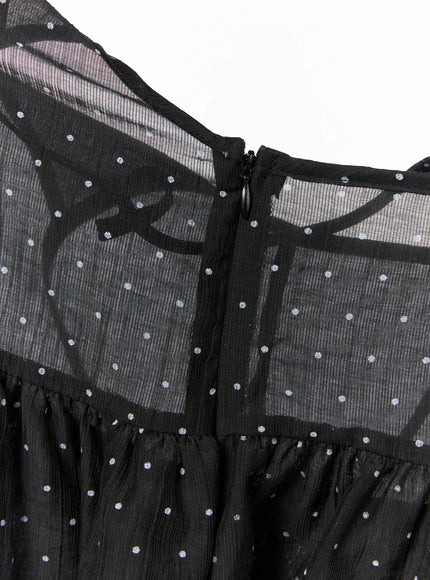 Polka Dot Frill Sleeveless Top CL510 Black detail close-up of back zipper closure, sheer chiffon polka dot fabric, and gathered ruffle seam
