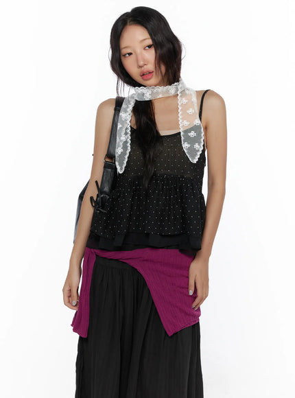 LEWKIN Polka Dot Frill Sleeveless Top CL510 Black S/M front crop shot on model styled with white lace scarf, black crossbody bag, and magenta skirt