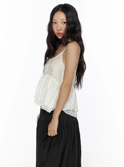 Polka Dot Frill Sleeveless Top CL510 in Light beige, size S/M