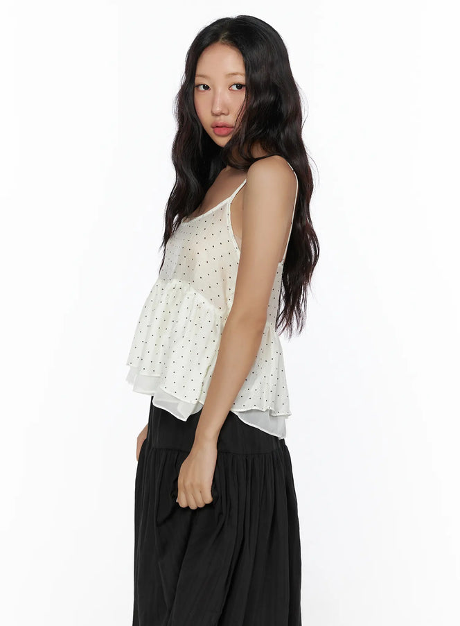 Polka Dot Frill Sleeveless Top CL510 in Light beige, size S/M