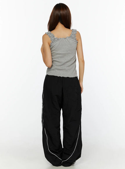 Polka Dot Frill Tank Top CL515 Gray back model shot showing ruffle shoulder straps and back neckline, paired with black track pants