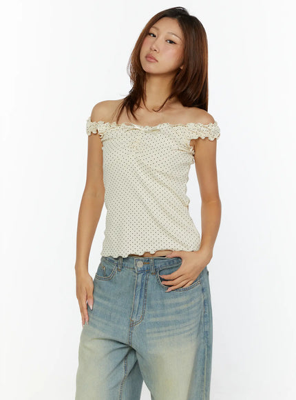 Polka Dot Frill Tank Top CL515 in Light beige, size S/M