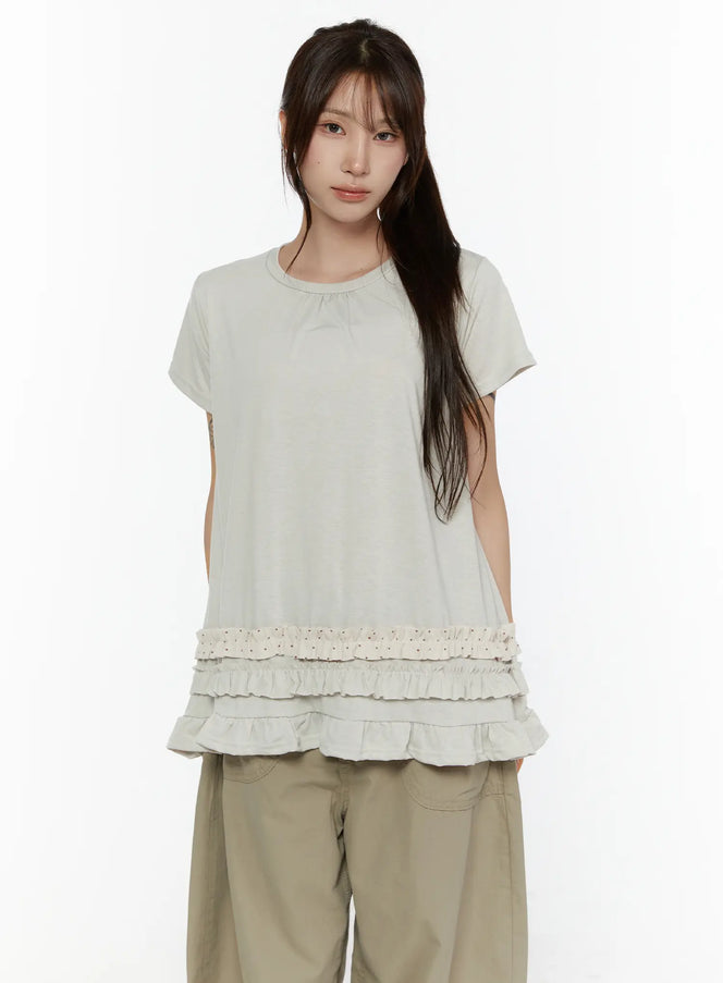 Polka Dot Frill Tee CL507 in Beige, size S/M