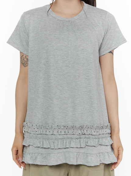Polka Dot Frill Tee CL507 Gray front torso close-up shot showing gathered round neckline smooth heather jersey body and three-tier ruffle hem