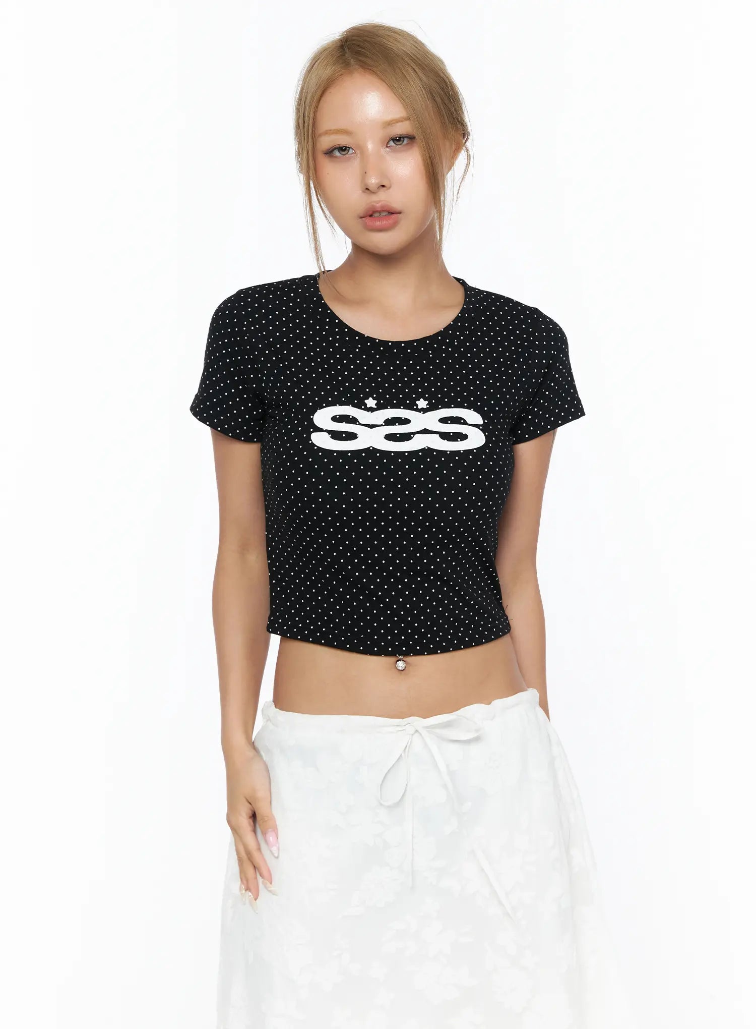 Polka Dot Graphic Crop Tee CU523 in Black, size S/M