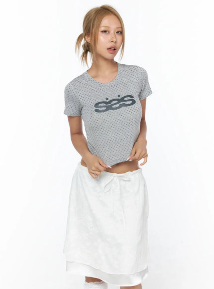 Polka Dot Graphic Crop Tee CU523 in Gray, size S/M