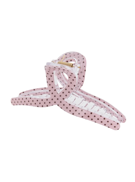 Polka Dot Hair Pin IL514 pink angled detail showing open clip mechanism with gold spring hinge and brown polka dot acrylic body