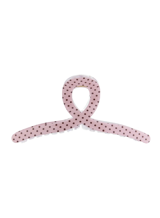 LEWKIN Polka Dot Hair Pin IL514 pink front view flat lay closed position showing loop-shaped body with brown polka dot pattern on acrylic
