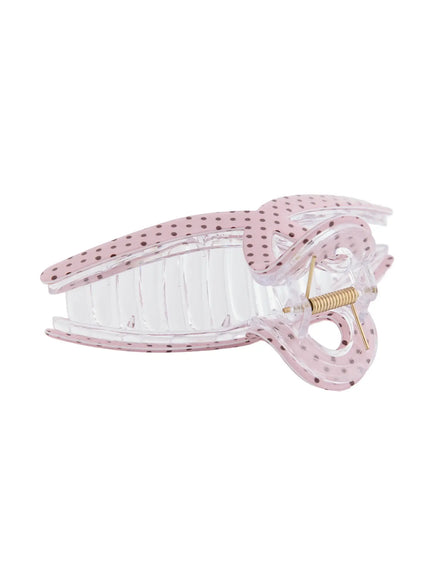 Polka Dot Hair Pin IL514 pink end view showing clear acrylic teeth interior spring mechanism and pink polka dot loop handle detail