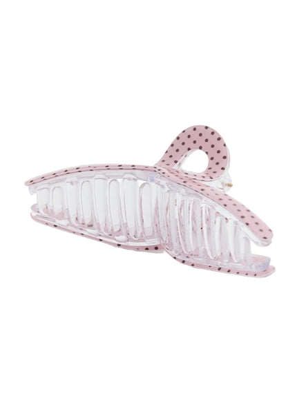 Polka Dot Hair Pin IL514 pink side view open position revealing clear transparent teeth comb grip and pink polka dot outer frame