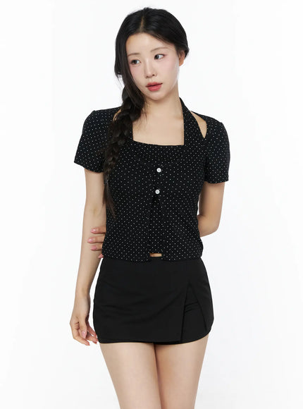 Polka Dot Halter Layered Tee IU525 in Black, size S/M