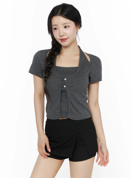 Polka Dot Halter Layered Tee IU525 in Dark gray, size S/M