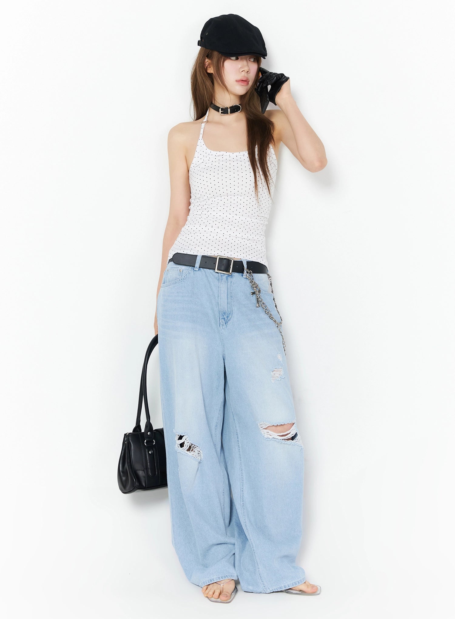 Polka Dot Halter Top IL502 White full-length styled front shot on model with black beret, choker, belt chain, and black bag