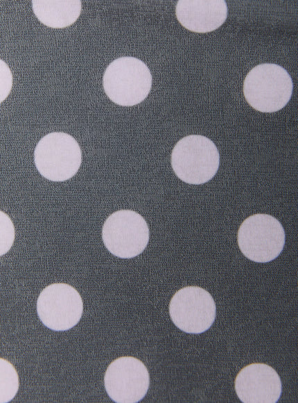 Polka Dot Halter Top IL509 Gray close-up fabric detail showing large white polka dots on dark gray woven stretch fabric texture