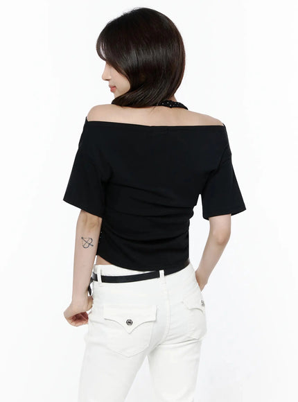 Polka Dot Layered Halter Neck T-Shirt IL506 Black back model shot close-up showing off-shoulder back seam ruched fabric and polka dot halter neck strap detail