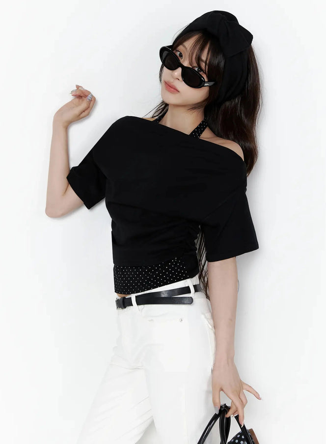 LEWKIN Polka Dot Layered Halter Neck T-Shirt IL506 Black S/M front model shot angled pose with sunglasses and beret hat styled with white jeans and black handbag