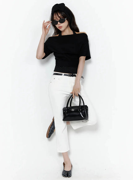 Polka Dot Layered Halter Neck T-Shirt IL506 Black full-body front model shot with beret sunglasses and black handbag styled with white jeans and polka dot flats