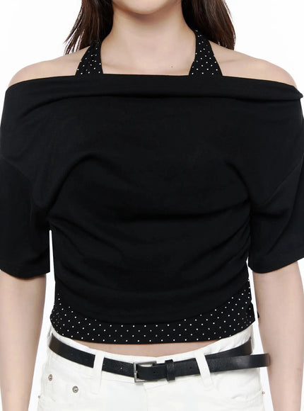 Polka Dot Layered Halter Neck T-Shirt IL506 Black close-up front model shot highlighting asymmetric off-shoulder neckline polka dot halter collar and studded hem detail