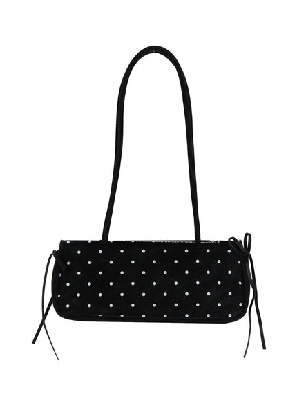 Polka Dot Ribbon Shoulder Bag IL523 Black hanger back shot cylindrical bag showing white polka dot pattern top zipper closure and black leather lace ties at both sides