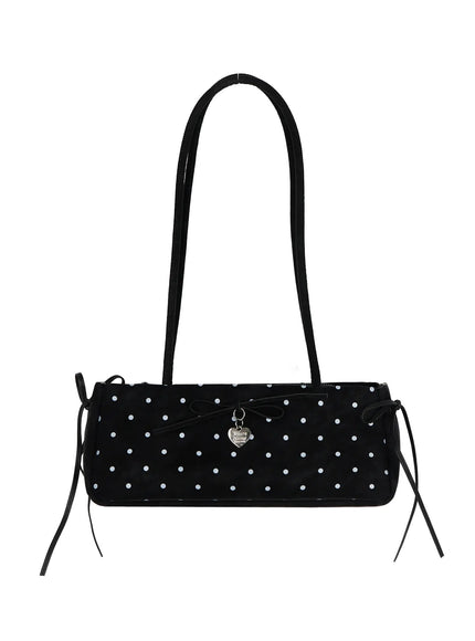 Polka Dot Ribbon Shoulder Bag IL523 Black hanger front shot cylindrical baguette bag with white polka dots dual shoulder straps bow charm and leather side tie details
