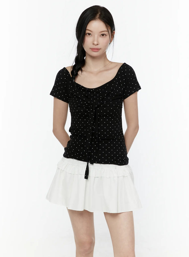 Polka Dot Round Shoulder Top IL506 in Black, size S/M
