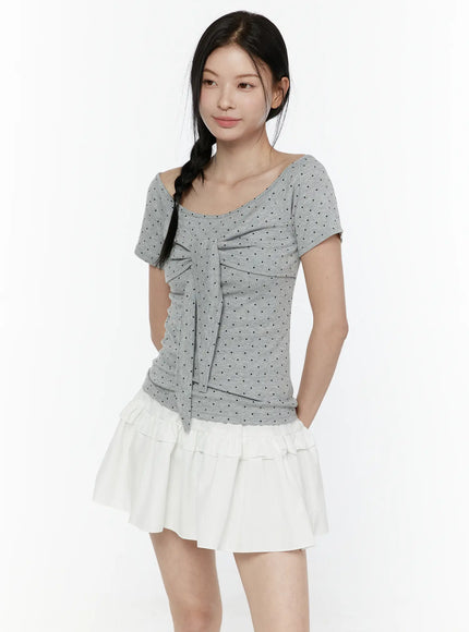 Polka Dot Round Shoulder Top IL506 in Gray, size S/M