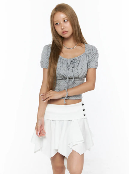 Polka Dot Shirred Puff Sleeve Top CU524 Grey front view model standing square neckline tie-front polka dot crop top with puff sleeves