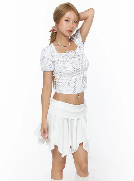 Polka Dot Shirred Puff Sleeve Top CU524 in White, size S/M
