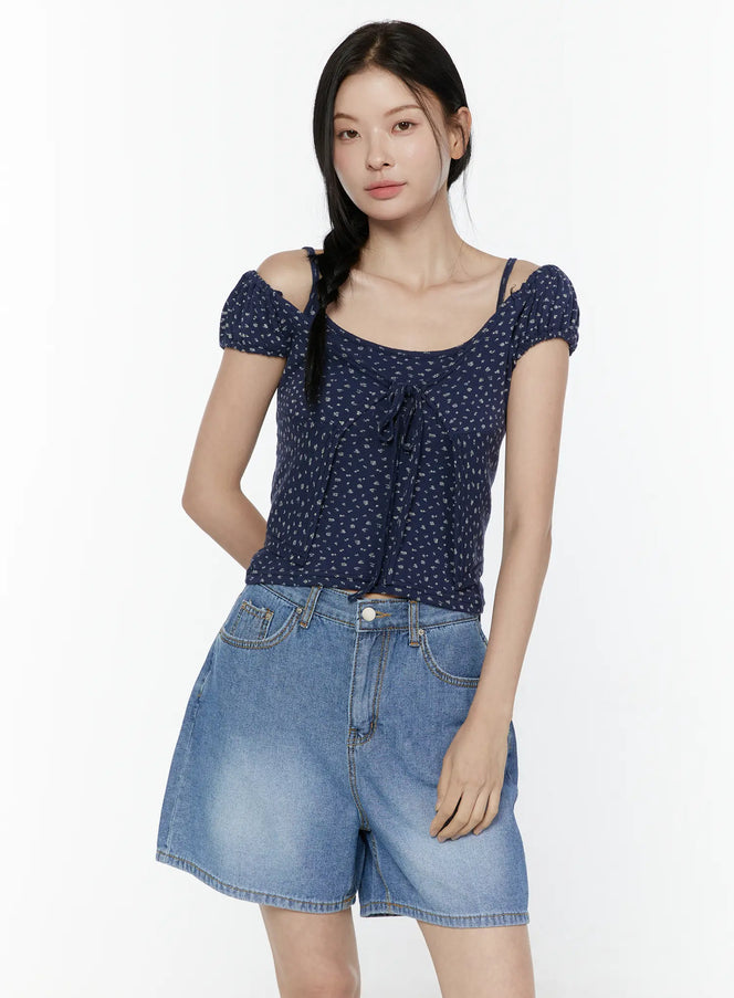 Puff Sleeve Floral Cami Top IL506 in Dark blue, size S/M