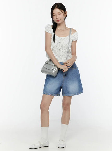 Puff Sleeve Floral Cami Top IL506 White full-body front shot on model styled with denim shorts and silver crossbody bag, floral print crop top