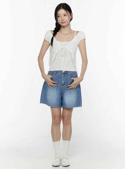 Puff Sleeve Floral Cami Top IL506 White full-body front shot on model with hands in pockets, paired with denim shorts and white ballet flats